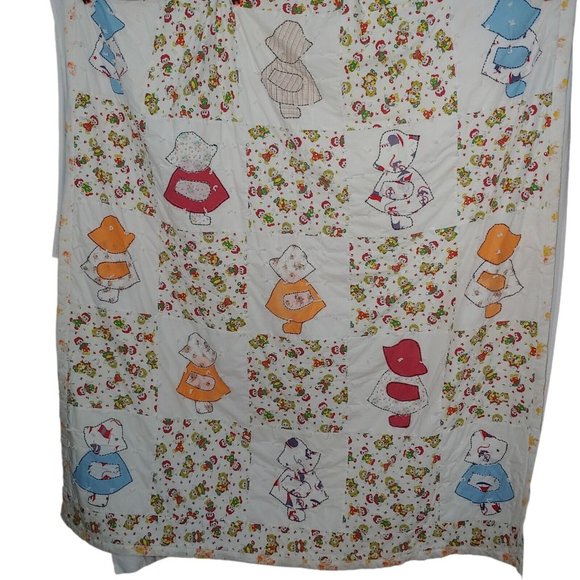 Vintage Tied Quilt Ragdoll Bonnet Girl Yellow Orange Floral Blanket 72x78" - Picture 1 of 12